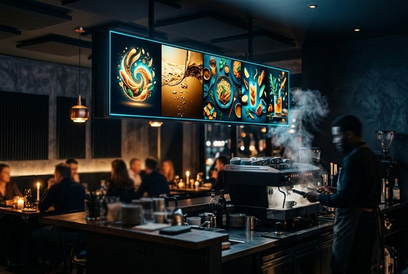 Digitale Menütafel über der Theke eines Restaurants