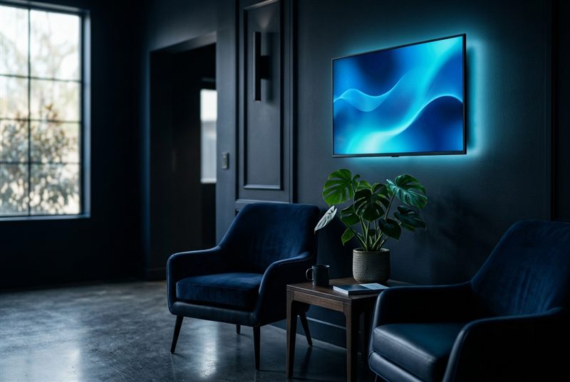 Wartezimmer mit Infobildschirm an der Wand